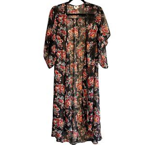 One Clothing Black Semi Sheer Floral Short Sleeve Kimono Size S